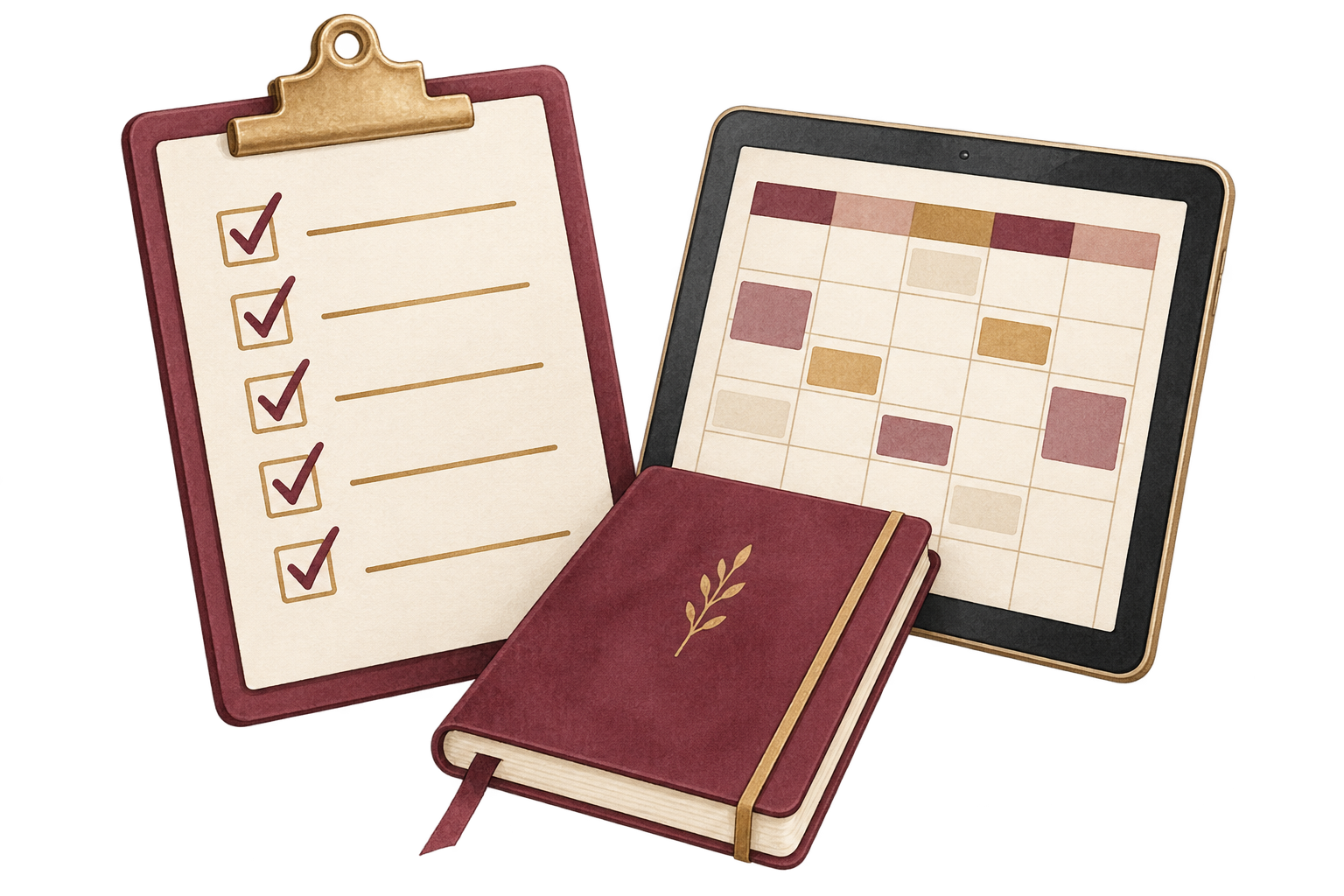 Ilustração dos materiais de organização: checklist, escala em uma tela e caderno de formação.